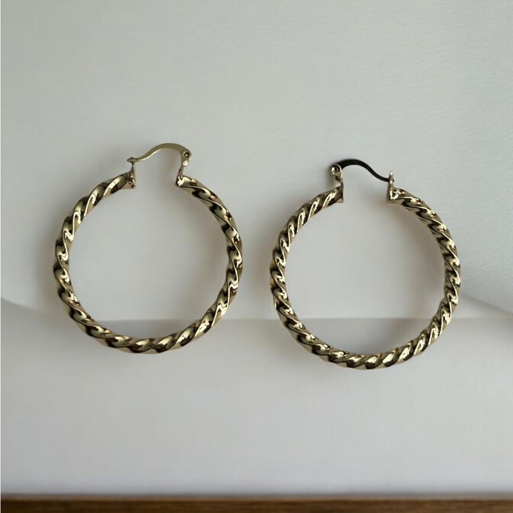 14k Gold Electroplated Twisted Gold 1 inch Hoop Earrings